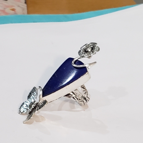 Lapis lazuli gemstone, 925 silver ring, natural stone, flower design ring - Picture 5 of 14